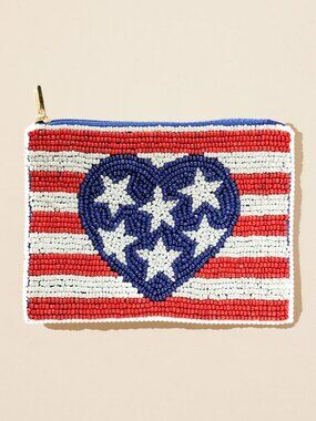 American USA Flag Heart Seed Beaded Mini Pouch Bag